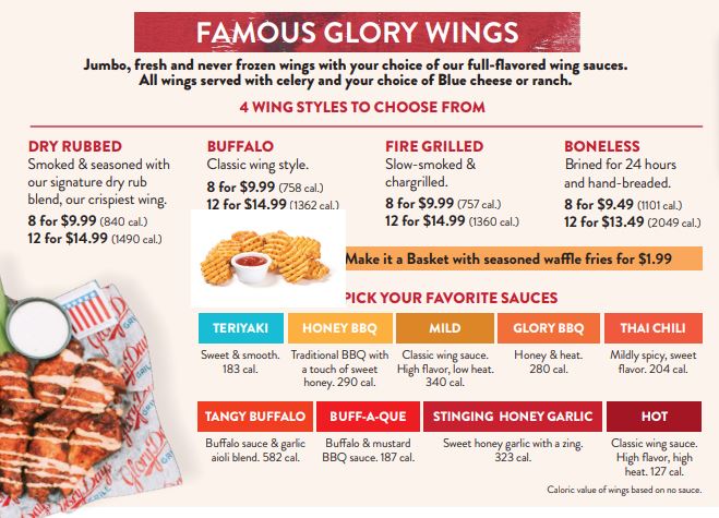 Glory Days Menu with Prices