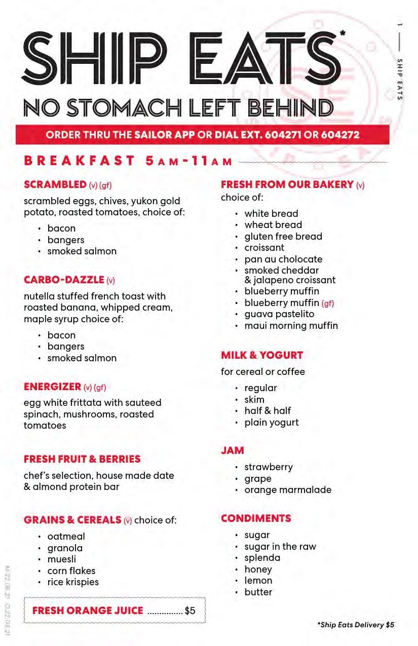 Virgin Voyage's room service menu 4