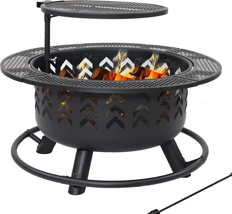 Sunnydaze Arrow Motif 32.75-Inch Round Wood-Burning Fire Pit for Outside - Includes Cooking Grate and Cover
