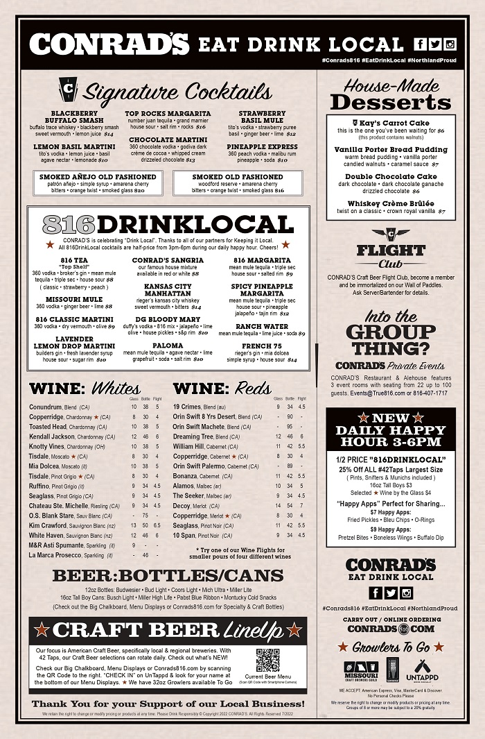 Conrad’s Happy Hour Menu Prices